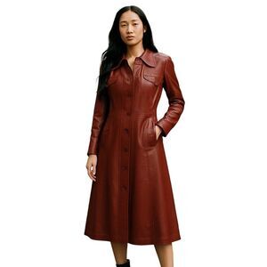 Vintage Size 10 (Runs Small) Red Leather Midi Coat Button Down Lined No Belt
